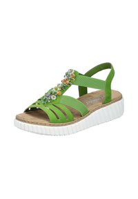 Zielony sandał z wieloma paskami, ozdobami w kształcie kwiatów i teksturowaną, brązową wkładką. Posiada białą, żebrowaną podeszwę dla lepszej przyczepności.