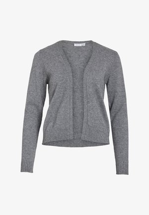 Grauer Cardigan aus weichem Strickstoff, mit V-Ausschnitt, offener Vorderseite und gerippten Bündchen und Saum für eine entspannte Passform.
