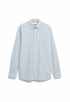 Overhemd met lange mouwen en knopen in lichtblauw met een geruit patroon. Gemaakt van zachte stof, met een klassieke kraag en knopen aan de voorkant.