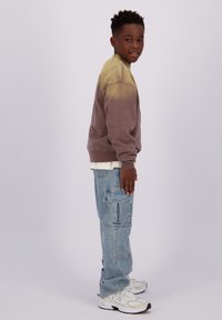 Sudadera en colores degradados, que van del verde oliva al marrón, combinada con unos pantalones cargo azul claro. Las zapatillas tienen acentos en blanco y gris.
