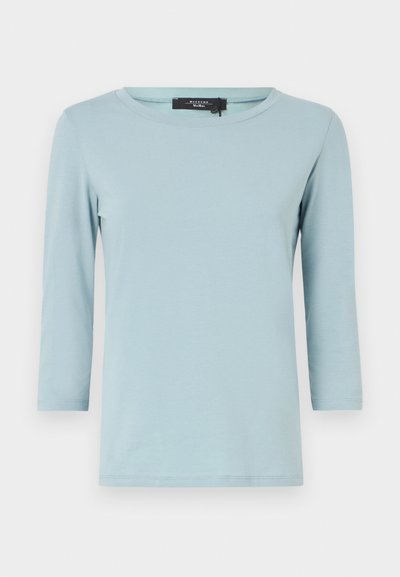 Light blue long-sleeve t-shirt with a round neckline. Soft, smooth fabric, featuring a simple design and a straight hem.