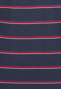 Navy fabric featuring horizontal stripes in red and white. Soft texture with even spacing between stripes, creating a classic pattern.