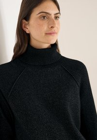 Schwarzer, gestrickter Rollkragenpullover mit gerippter Textur und eng anliegendem Kragen. Mit Raglanärmeln und einer weichen, leicht glitzernden Oberfläche.