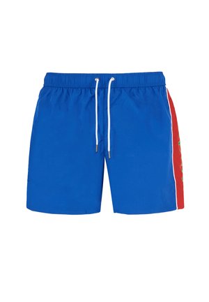 Shorts de bain bleus en matériau léger, dotés d'une taille élastique avec cordon de serrage et d'accents latéraux rouges avec un motif graphique.