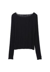 Langærmet, sort strikbluse med et tekstureret, ribbet design. Har en bred halsudskæring og en lige kant. Blødt, letvægtsstof.