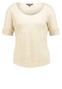 Beżowa, paskowana bluzka z krótkim rękawem i okrągłym dekoltem. Miękka tkanina, zaokrąglony dół i podwinięte mankiety rękawów. Delikatna faktura w całej bluzce.