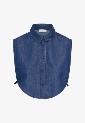Denim overshirt with a collared neck, five button closure, and curved hem. Dark blue color, smooth texture, and open sleeves.