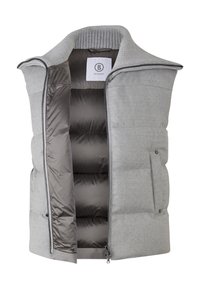 Grå puffer vest med strikket krave, med en lynlåslukning foran, to sidelommer og en glat satin inderside. Varemærket er synligt.