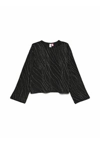 Juodas ilgomis rankovėmis megztinis su apvalia iškirpte ir tekstūruotu banguotu raštu metalinio aukso spalvos, su plačiomis rankovėmis ir trumpu kirpimu.