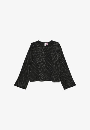 Juodas ilgomis rankovėmis megztinis su apvalia iškirpte ir tekstūruotu banguotu raštu metalinio aukso spalvos, su plačiomis rankovėmis ir trumpu kirpimu.