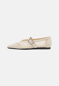 Beige pointed-toe flats with a mesh panel design, featuring a buckle strap and a low black sole, highlighting a contrasting texture.