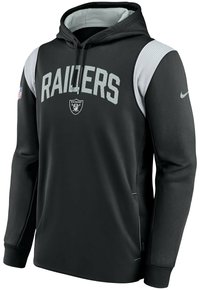 Sweat à capuche Black Raiders avec panneaux d'épaule côtelés gris, logo Raiders et texte sur la poitrine, patch NFL sur la manche gauche, et swoosh Nike sur la manche droite.
