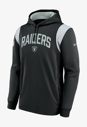 Sweat à capuche Black Raiders avec panneaux d'épaule côtelés gris, logo Raiders et texte sur la poitrine, patch NFL sur la manche gauche, et swoosh Nike sur la manche droite.