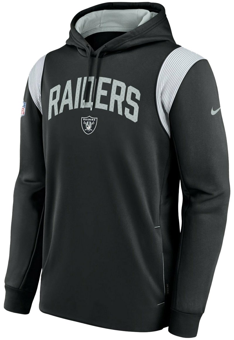 Sweat à capuche Black Raiders avec panneaux d'épaule côtelés gris, logo Raiders et texte sur la poitrine, patch NFL sur la manche gauche, et swoosh Nike sur la manche droite.