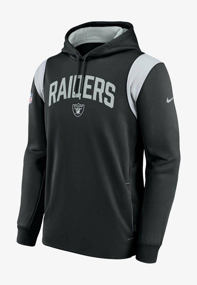 Sweat à capuche Black Raiders avec panneaux d'épaule côtelés gris, logo Raiders et texte sur la poitrine, patch NFL sur la manche gauche, et swoosh Nike sur la manche droite.