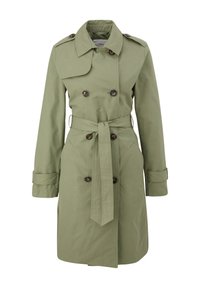 Oliwkowy płaszcz trench z podwójnym rzędowym zapięciem, dużym kołnierzem, paskiem w talii i kieszeniami bocznymi. Wykonany z gładkiej, lekkiej tkaniny.