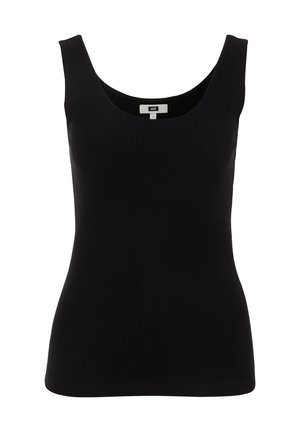 Débardeur noir côtelé avec un décolleté arrondi et des bretelles larges. Présente une coupe ajustée et une texture lisse. Aucune accentuation notable.