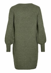 Zelené pletené šaty s voľným strihom, dlhými nadýchanými rukávmi a okrúhlym výstrihom. Majú jemnú textúru a dĺžku nad kolená.