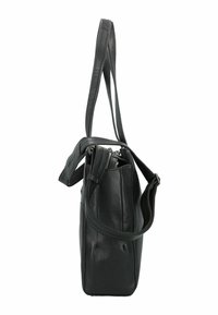 Schwarze Ledertasche mit verstellbaren Schulterriemen, Reißverschluss, rechteckiger Form, strukturiertem Oberflächenmaterial und minimalistischem Design.