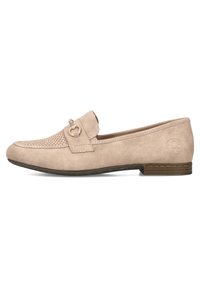 Beige suede loafers with a perforated toe, a strap featuring a gold ring accent, and a low brown heel. Smooth texture with minimal detailing.