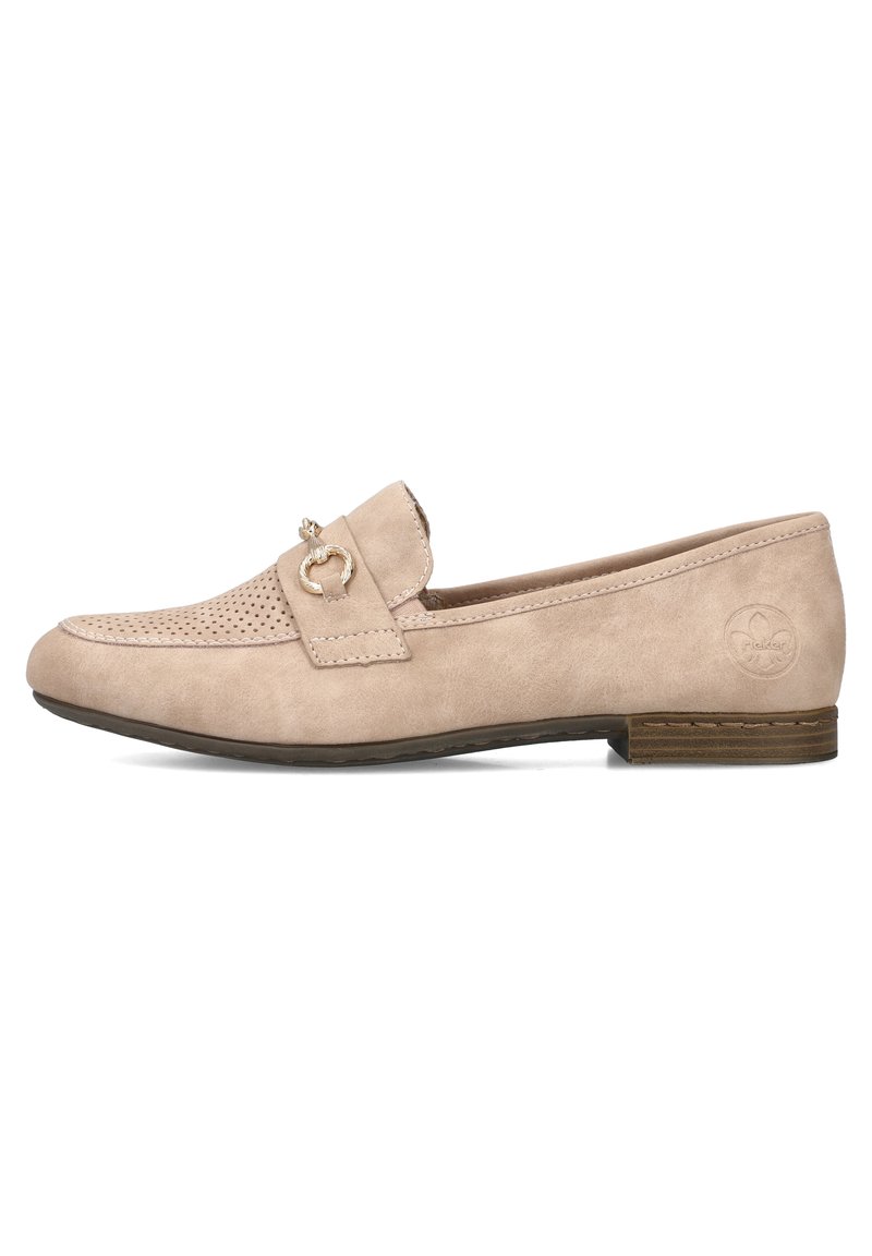 Beige suede loafers with a perforated toe, a strap featuring a gold ring accent, and a low brown heel. Smooth texture with minimal detailing.