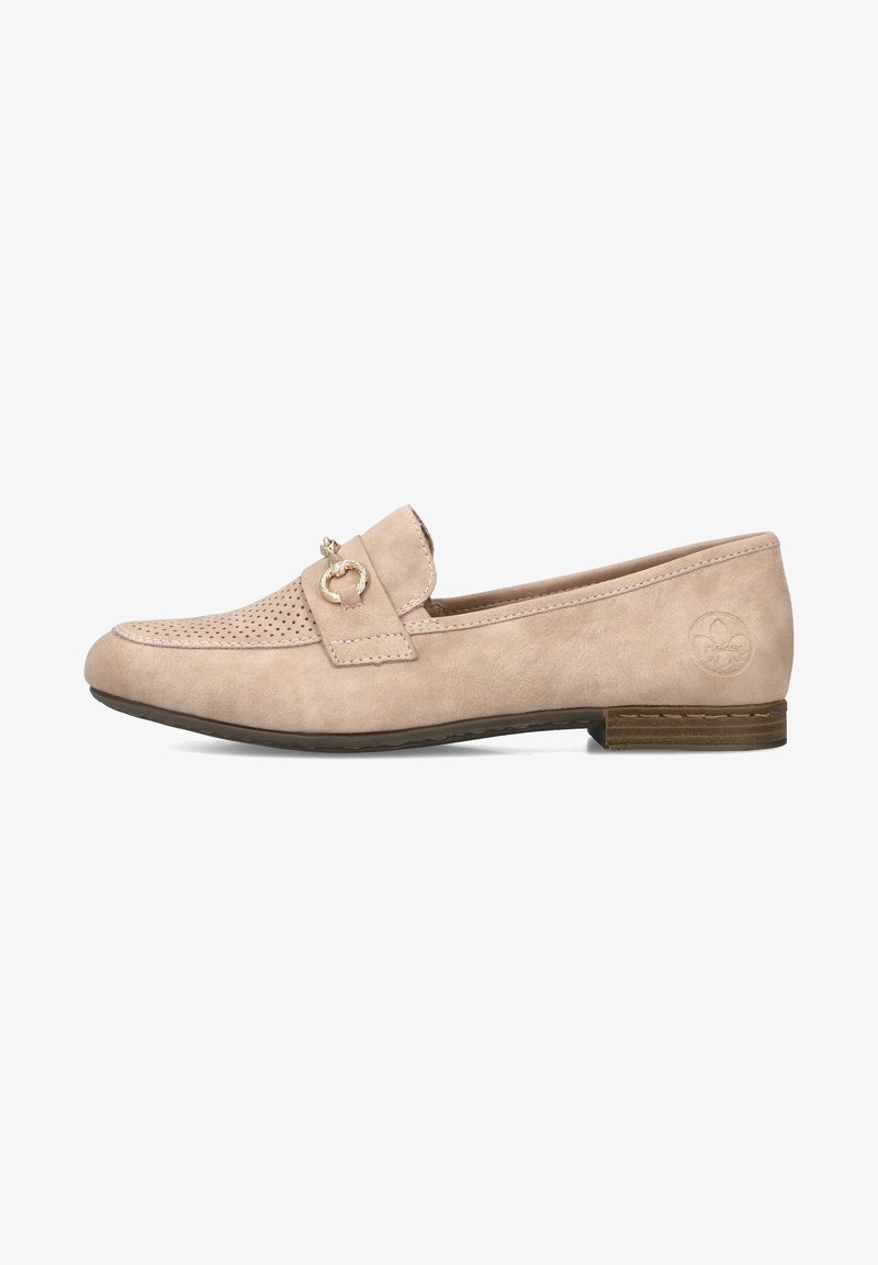 Beige suede loafers with a perforated toe, a strap featuring a gold ring accent, and a low brown heel. Smooth texture with minimal detailing.