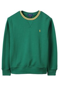 Grön sweatshirt med rundad halsringning, gulrandig detalj vid kragen, och en liten gul logotyp på vänster bröst. Mjuk tyg.