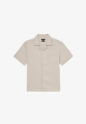 Rövid ujjú, bézs színű, galléros ing sima anyagból, egy darab mellzsebbe és elöl gombos zárással.