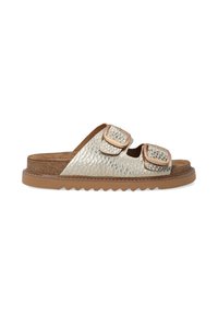 To-buckle slide sandal med en metallisk sølv overdel, korkfodbed og rillede brune gummisåler. Har struktureret overflade og justerbare remme.