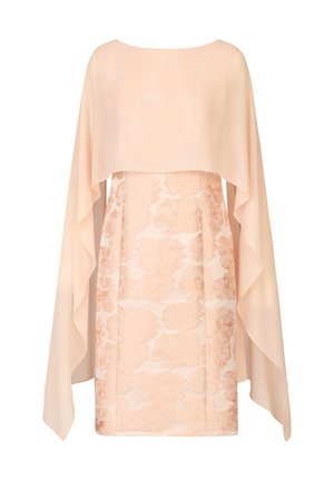 Peach chiffon dress with a layered cape design, featuring a floral pattern on the skirt. Soft, smooth texture with a relaxed silhouette.