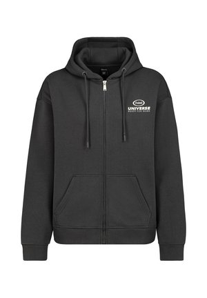 Zwarte hoodie met ritssluiting en trekkoord bij de capuchon, met een voorkantlogo 'Universe Ready for More', twee zijzakken en geribbelde manchetten.