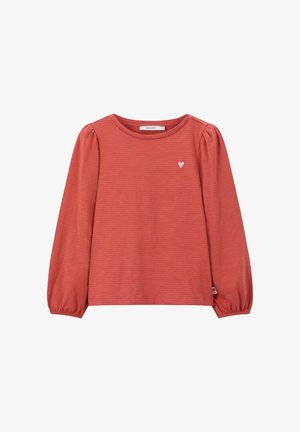 Rood-witte gestreepte lange mouwen shirt met pofmouwen, ronde halslijn en een klein wit hartembleem op de linkerborst.