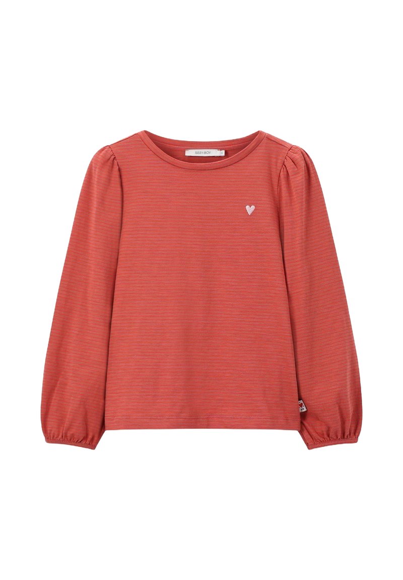 Rood-witte gestreepte lange mouwen shirt met pofmouwen, ronde halslijn en een klein wit hartembleem op de linkerborst.