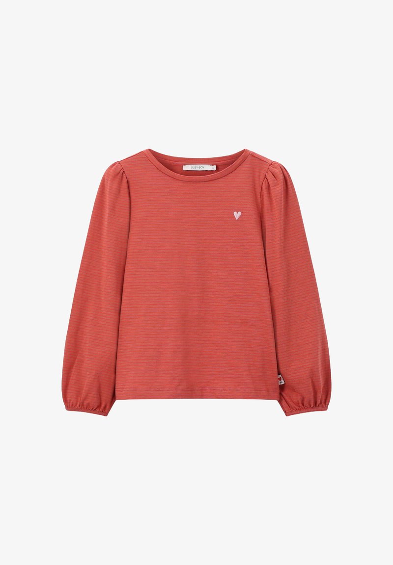 Rood-witte gestreepte lange mouwen shirt met pofmouwen, ronde halslijn en een klein wit hartembleem op de linkerborst.