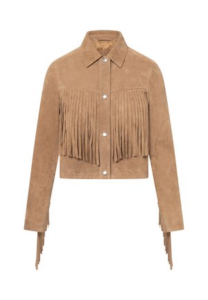 Tan suede cropped jacket with silver snap buttons and long fringe details on chest and sleeves.