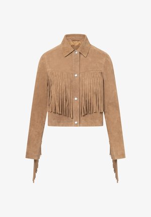 Korte jas van tan suède met zilveren drukknopen en lange franjes op de borst en mouwen.