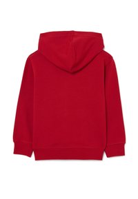 Felpa rossa con cappuccio, maniche lunghe e polsini e vita a coste, vista da dietro su uno sfondo bianco.