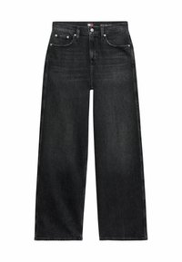 Jeans de mezclilla negra de pierna ancha con cintura de altura media, cinco bolsillos, herrajes plateados y detalles de costura en contraste.