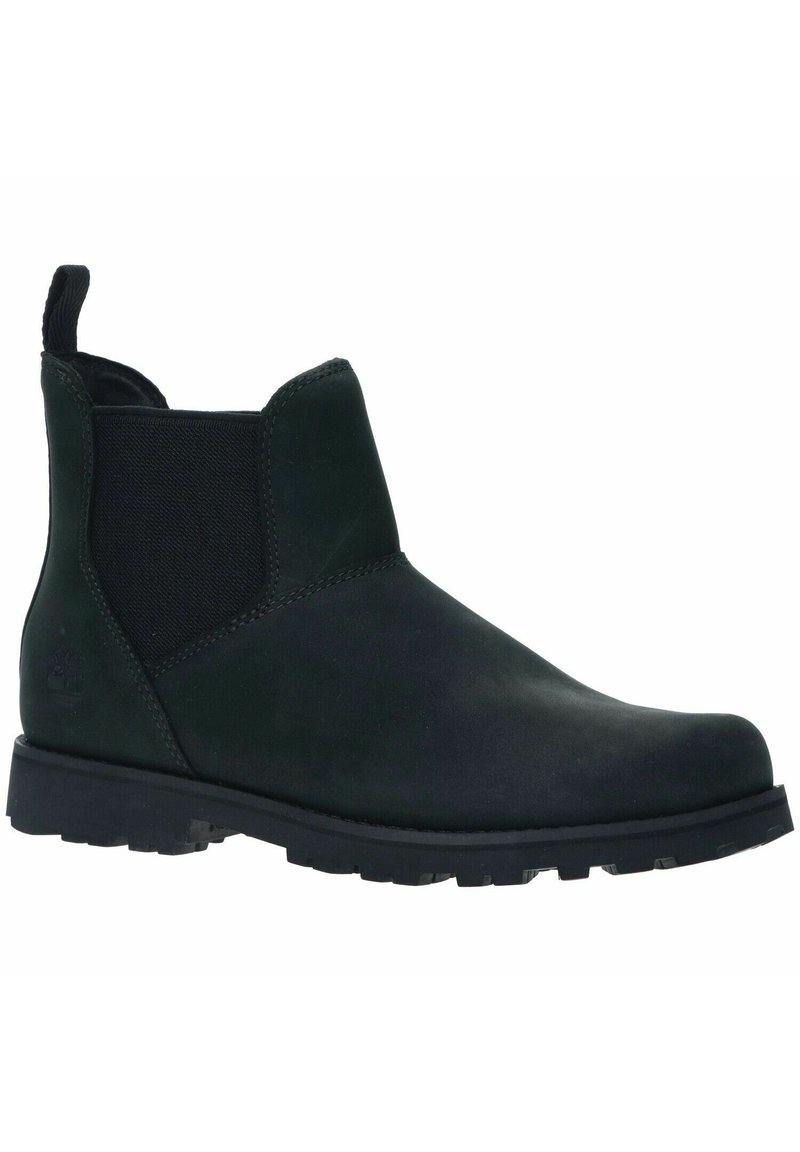 Stivaletti alla caviglia in pelle nera con punta tonda, pannelli laterali elasticizzati, linguetta e suola robusta per una migliore aderenza. Texture liscia con cuciture minime.