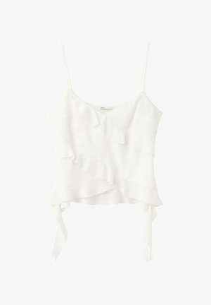 Biały bezrękawnik z falbankami, cienkimi ramiączkami i asymetrycznym, warstwowym dołem z dwoma wiszącymi tkaninowymi troczkami.