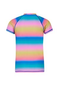 Rash guard a maniche corte con strisce orizzontali nei colori rosa, blu, verde e giallo. Realizzato in tessuto morbido ed elastico con scollo rotondo.
