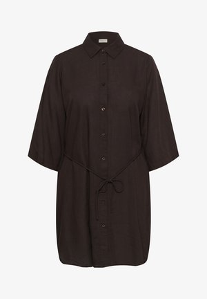 Čierne košeľové šaty s gombíkmi, 3/4 rukávmi, golierom a tenkým opaskom vpredu v strede.