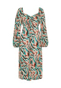 Robe à manches longues avec un motif abstrait multicolore comprenant des formes turquoise, brunes et corail. Présente un décolleté carré et des détails froncés.