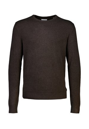 Bruine gebreide trui met ronde hals, lange mouwen en een geribbelde tailleband. Zachte textuur en eenvoudig ontwerp zonder patronen of accenten.