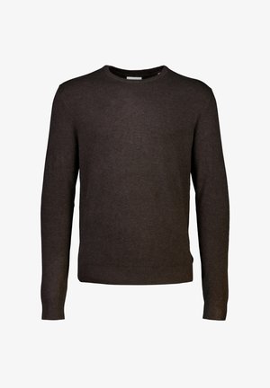 Suéter marrón de punto con cuello redondo, mangas largas y cinta ribeteada en la cintura. Textura suave y diseño sencillo sin patrones ni acentos.