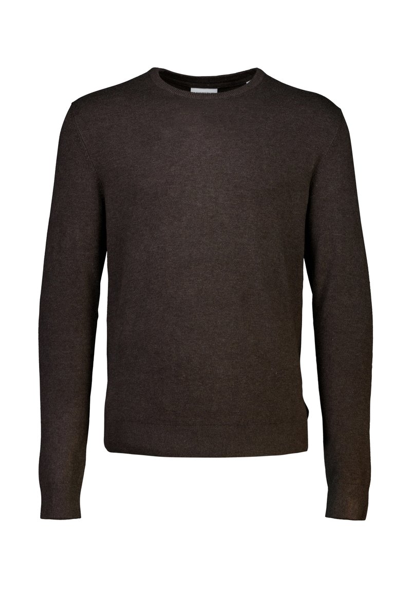 Brauner gestrickter Pullover mit Rundhalsausschnitt, langen Ärmeln und ribbeligem Bund. Weiche Textur und einfaches Design ohne Muster oder Akzente.