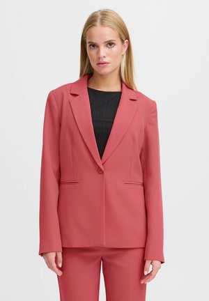 Roze blazer van soepel stof, met een enkele knoopsluiting, notch revers en twee voorzakken. Klassieke, getailleerde pasvorm.