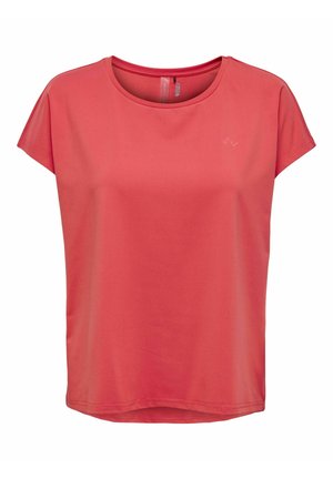 Koraal kortärmlig, ronde hals performance t-shirt van gladde stof met subtiel merklogo op de linkerborst.