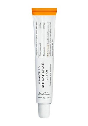 Tube der Dr. Althea Melaclear Creme mit Tranexamsäure, Niacinamid, Glycyrrhiza Glabra Extrakt; 20g, weiß mit orangefarbenem Deckel.
