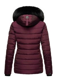 Maroon puffer jacket with a fur-lined hood, featuring horizontal stitching, a metal logo attachment, and elastic cuffs. Smooth exterior texture.